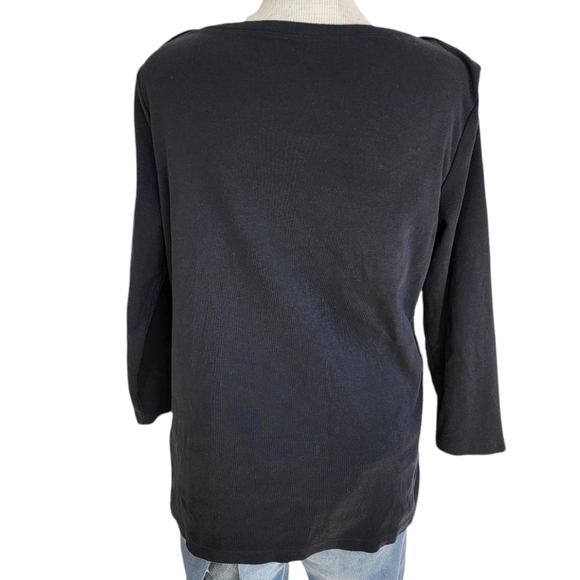 Lands' End Black Quarter Sleeve Gold Button Boat Neck Women's Top Size L - Picture 2 of 5